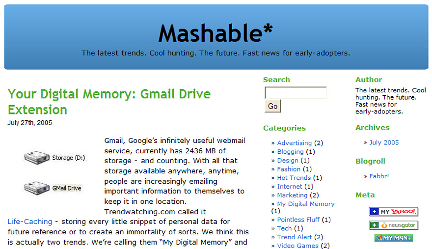 A Mashable 2005-ös állapota